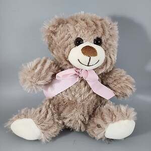 Burton & Burton Teddy Bear - Light Brown Fluffy Plush Stuffed 8" Tall Pink Bow